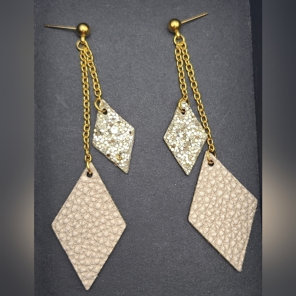 VEGAN Leather Dangle Post Earrings In Gold And Metallic Cream - Picture 4 of 10